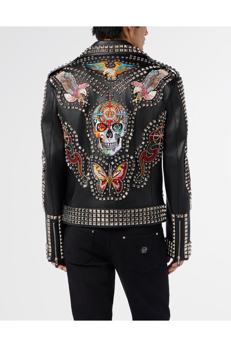 Vintage Leather Biker Jacket Studs &Amp; Patches Men, Alternate, color, black
