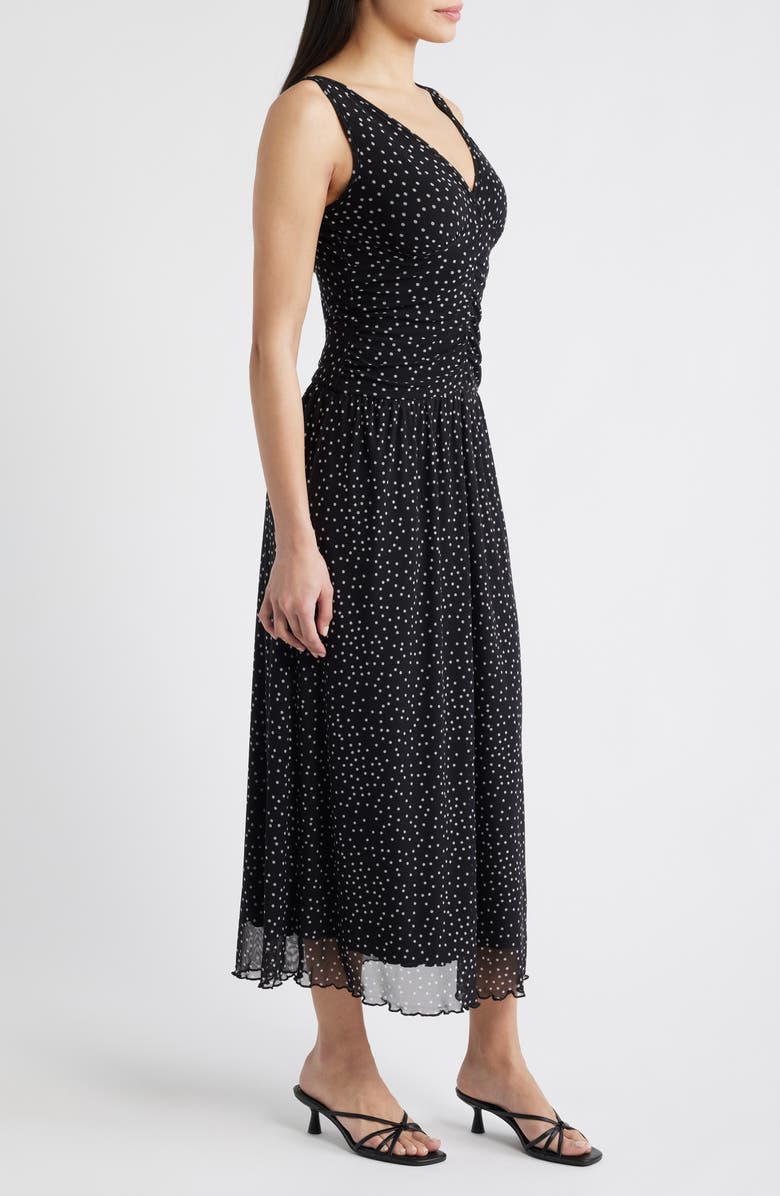 Loveappella Polka Dot Ruched Mesh Maxi Dress, Alternate, color, Black