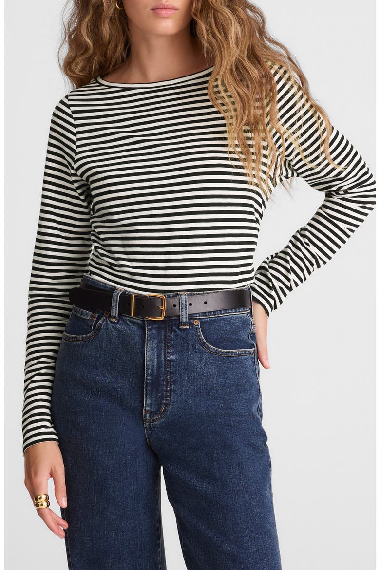 Stripe Ruched Crewneck Long Sleeve T-Shirt, Main, color, JET BLACK