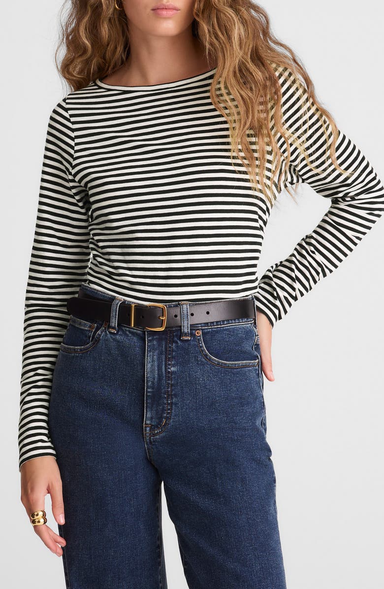 Madewell Stripe Ruched Crewneck Long Sleeve T-Shirt, Main, color, Jet Black