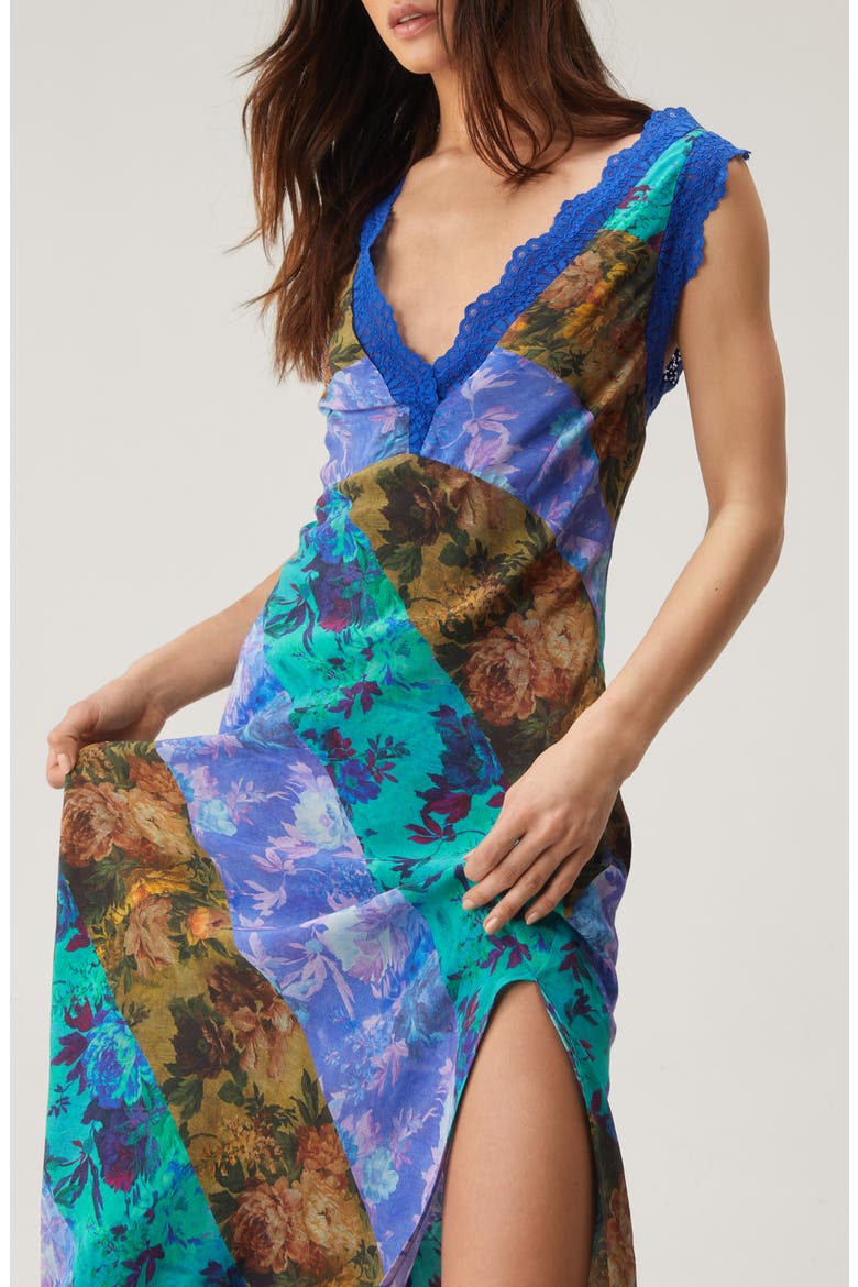 Mixed Floral Print Lace Trim Midi Dress, Alternate, color, BLUE