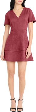 DONNA MORGAN FOR MAGGY Short Sleeve Faux Suede Fit & Flare Minidress