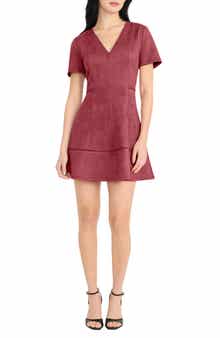 DONNA MORGAN FOR MAGGY Short Sleeve Faux Suede Fit & Flare Minidress