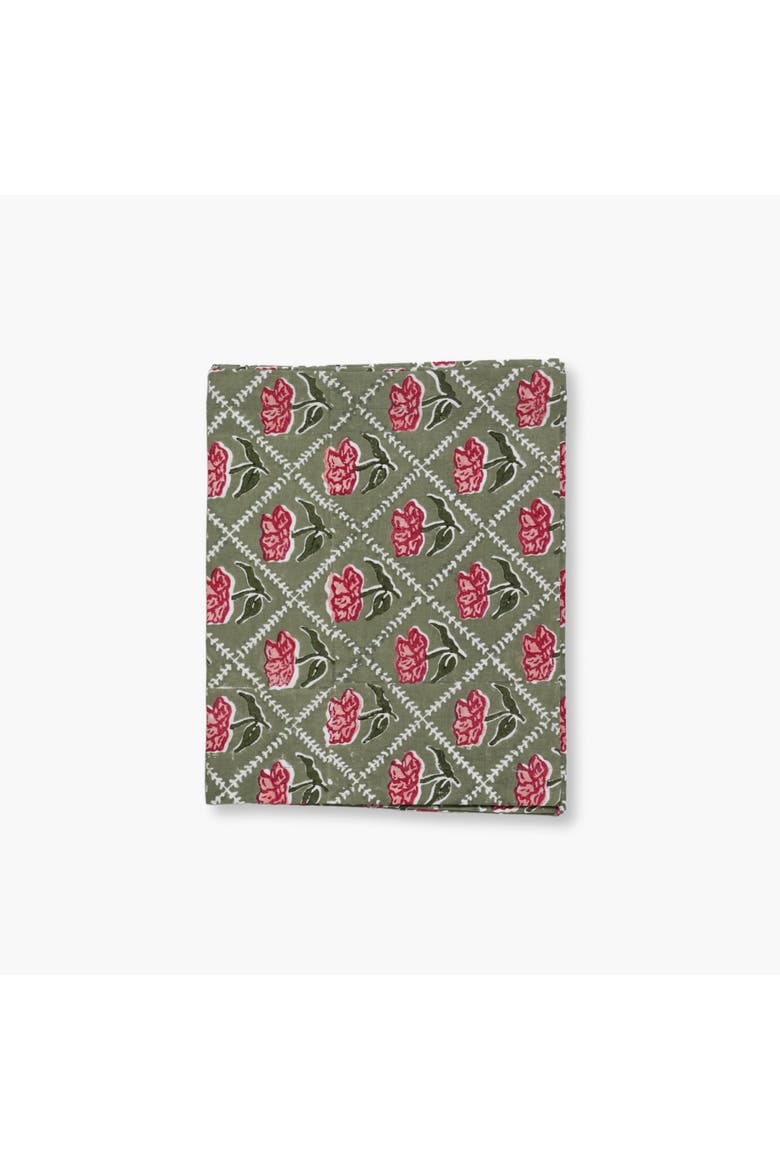 Noor - Pure Linen Handprinted Table Runner, Main, color, Olive & Pink