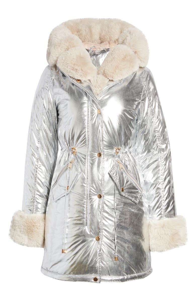 AZALEA WANG Metallic Puffer Jacket with Faux Fur Trim, Alternate, color,