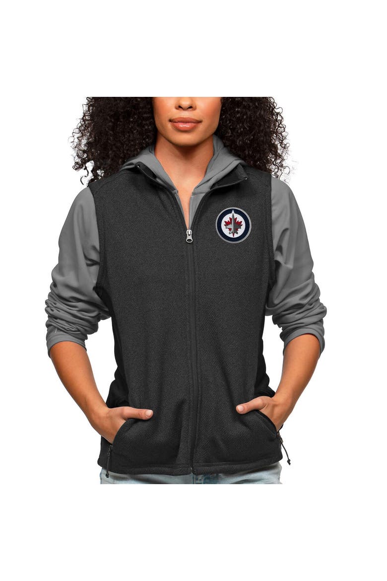 Women's Antigua Heather Black Winnipeg Jets Primary Logo Course Full-Zip Vest, Main, color, Heather Black