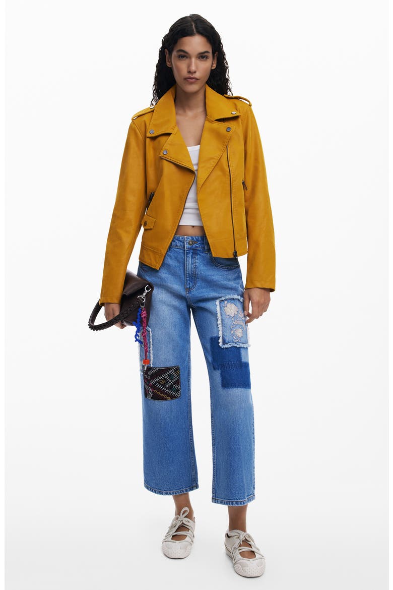 Patched Mid Rise Crop Wide Leg Jeans, Alternate, color, MEDIUM BLUE