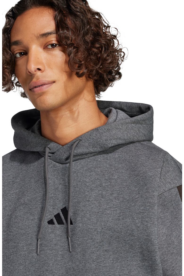 Essentials 3-Stripes Fleece Hoodie, Alternate, color, DARK GREY HEATHER/ BLACK