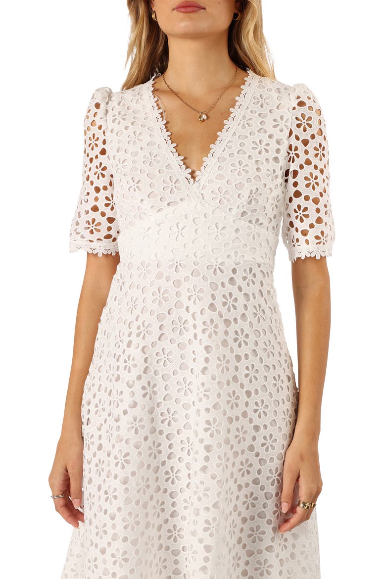 Camellia Floral Eyelet Cotton Midi Dress, Alternate, color, WHITE