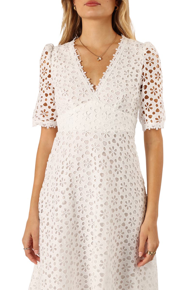 Petal & Pup Camellia Floral Eyelet Cotton Midi Dress, Alternate, color, White