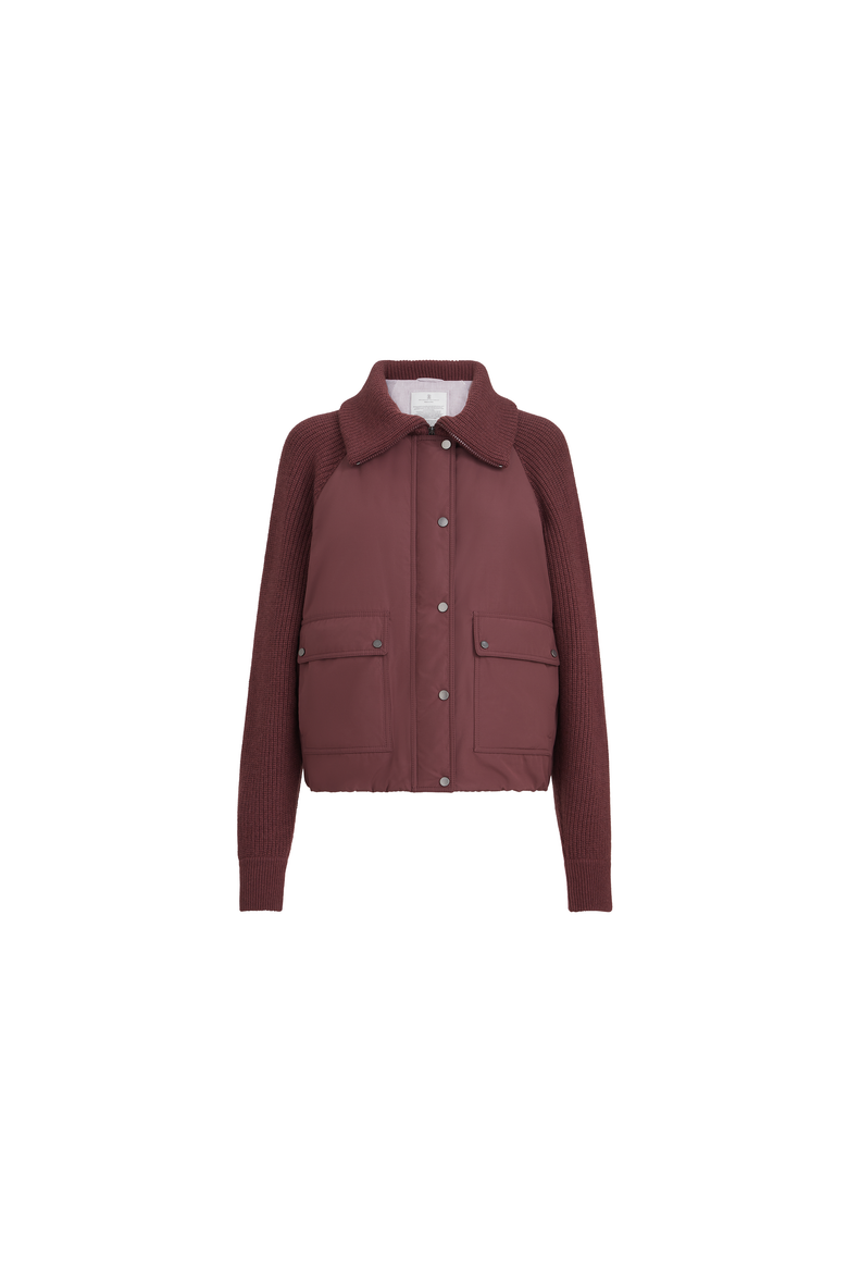 Techno cotton taffeta and virgin wool, cashmere and silk knit down jacket with shiny zipper pull, Alternate, color, Burgundy