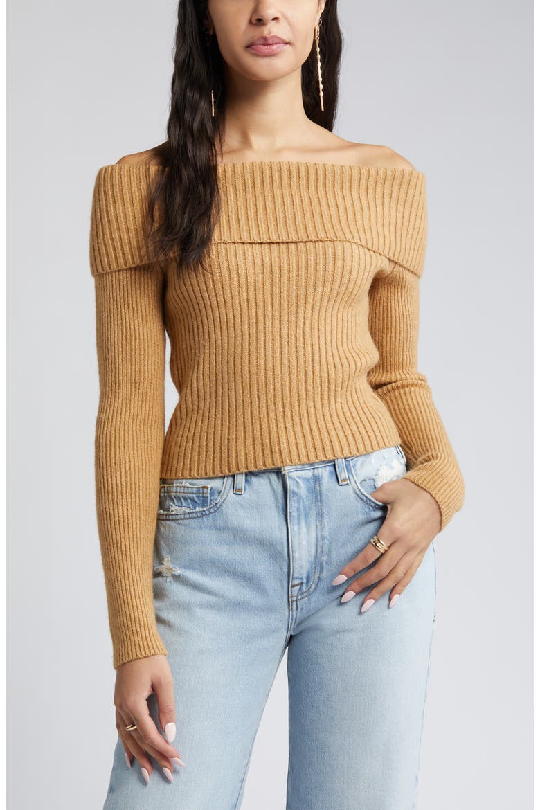 Off the Shoulder Rib Sweater, Main, color, TAN CARTOUCHE