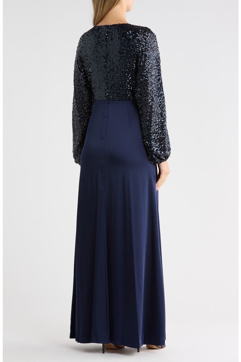 Sequin Long Sleeve Empire Waist Gown, Alternate, color, SPRING NAVY