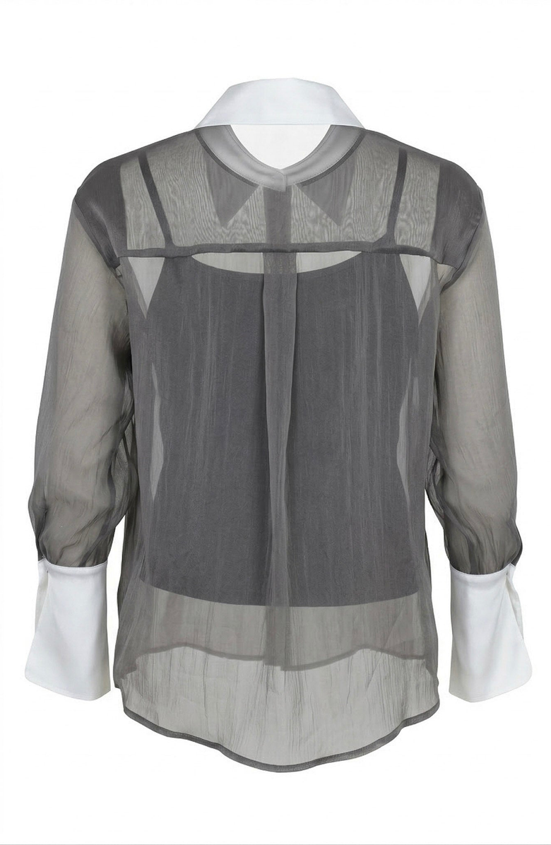Modenaire Sheer Button-Up Contrast Collar and Cuff Detail Blouse, Alternate, color, Charcoal Grey