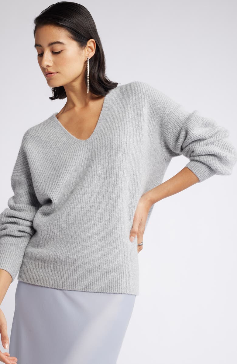 Nordstrom Metallic V-Neck Sweater, Alternate, color, Grey Htr- Silver Lurex