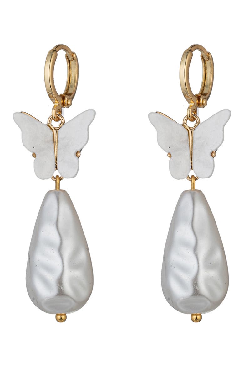 Manon Butterfly Shell Pearl Drop Earrings, Main, color, GOLD
