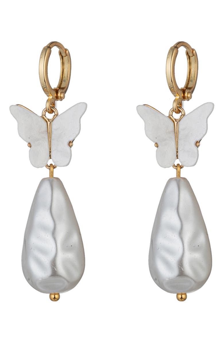 EYE CANDY LOS ANGELES Manon Butterfly Shell Pearl Drop Earrings, Main, color,