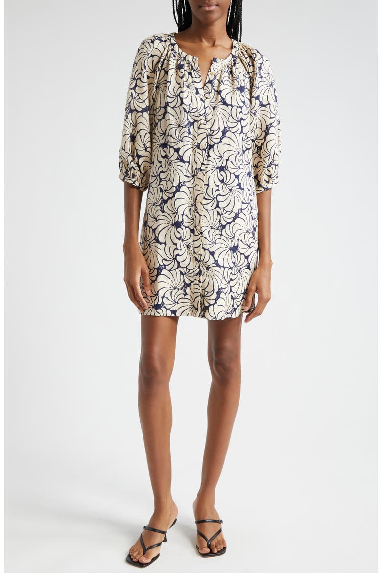 Print Long Sleeve Linen Shift Dress, Main, color, NAVY SCALLOP BLOCK PRINT