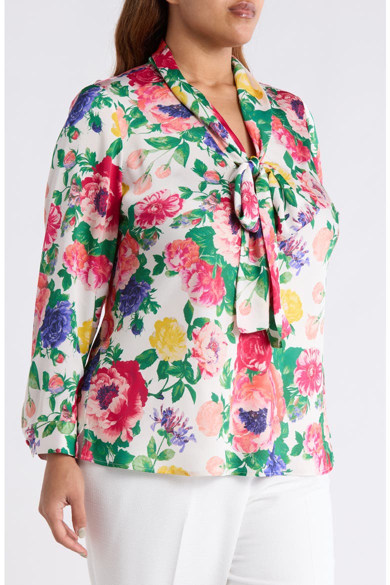 Floral Tie Neck Satin Top, Alternate, color, IVORY MULTI