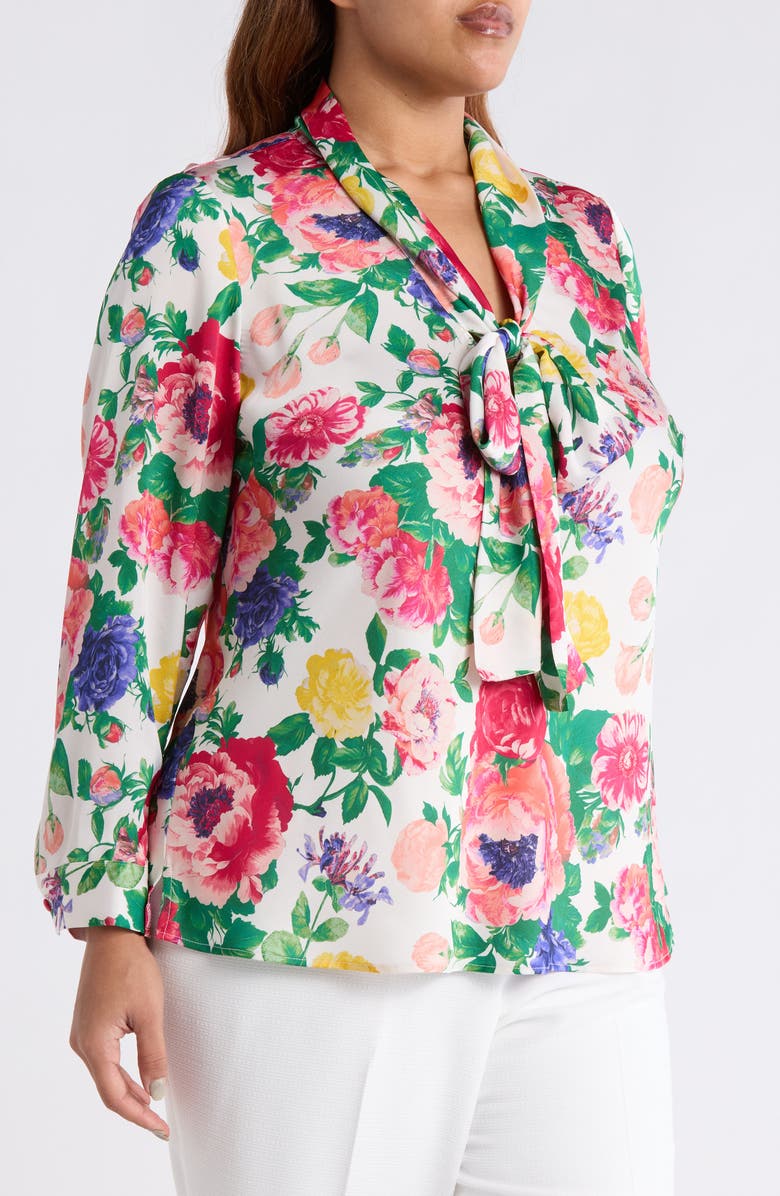 Tahari ASL Floral Tie Neck Satin Top, Alternate, color, Ivory Multi