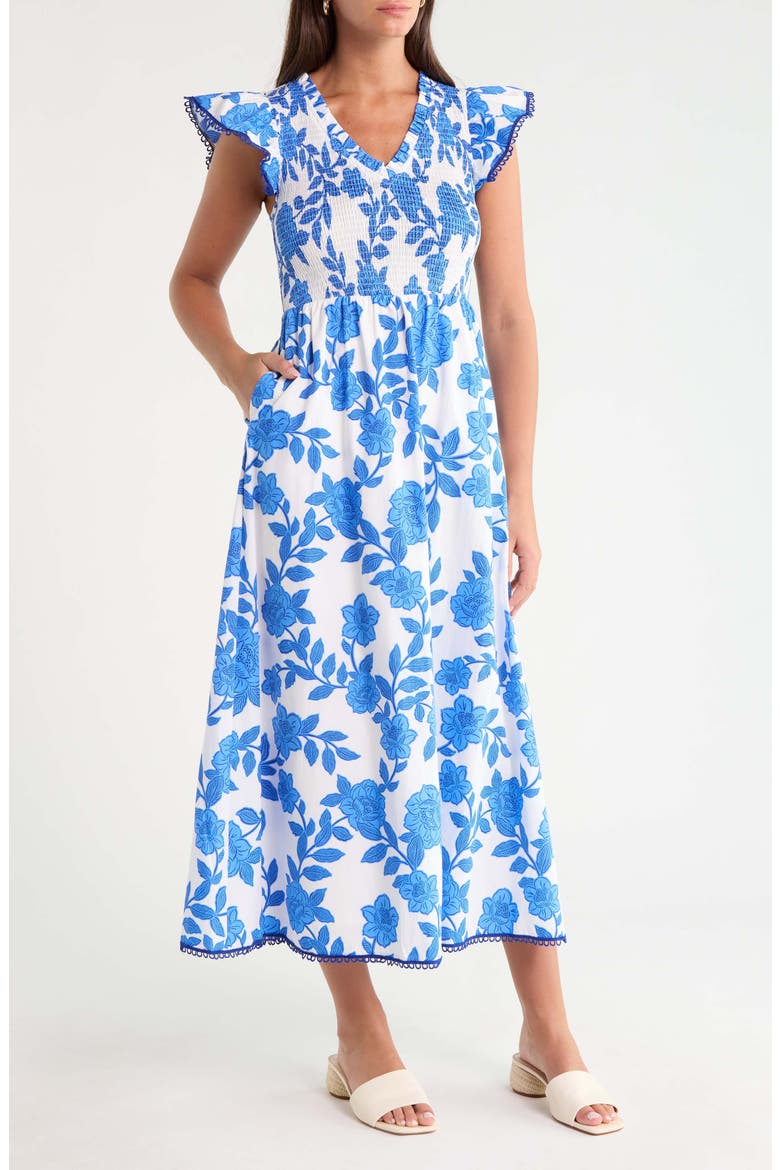 Merlin Floral Smock Bodice Cotton Dress, Main, color, WHITE-BLUE-MULTI