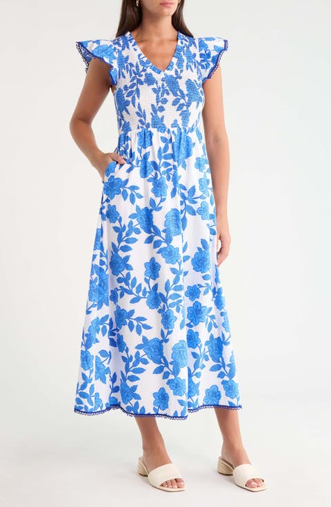 Merlin Floral Smock Bodice Cotton Dress