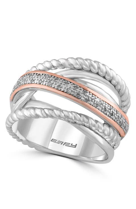 Sterling Silver & 14K Rose Gold Cross-over Diamond Ring