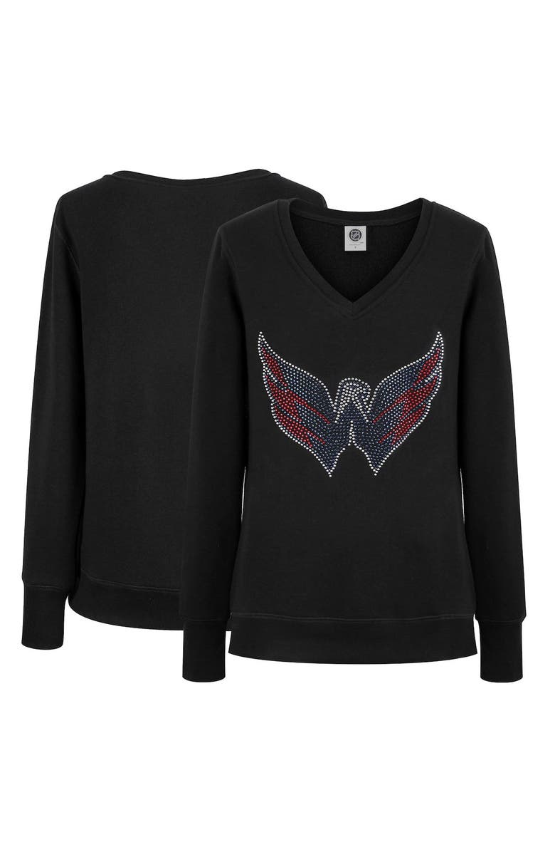 CUCE Women's Cuce Black Washington Capitals Rhinestone V-Neck Pullover Sweatshirt, Main, color,