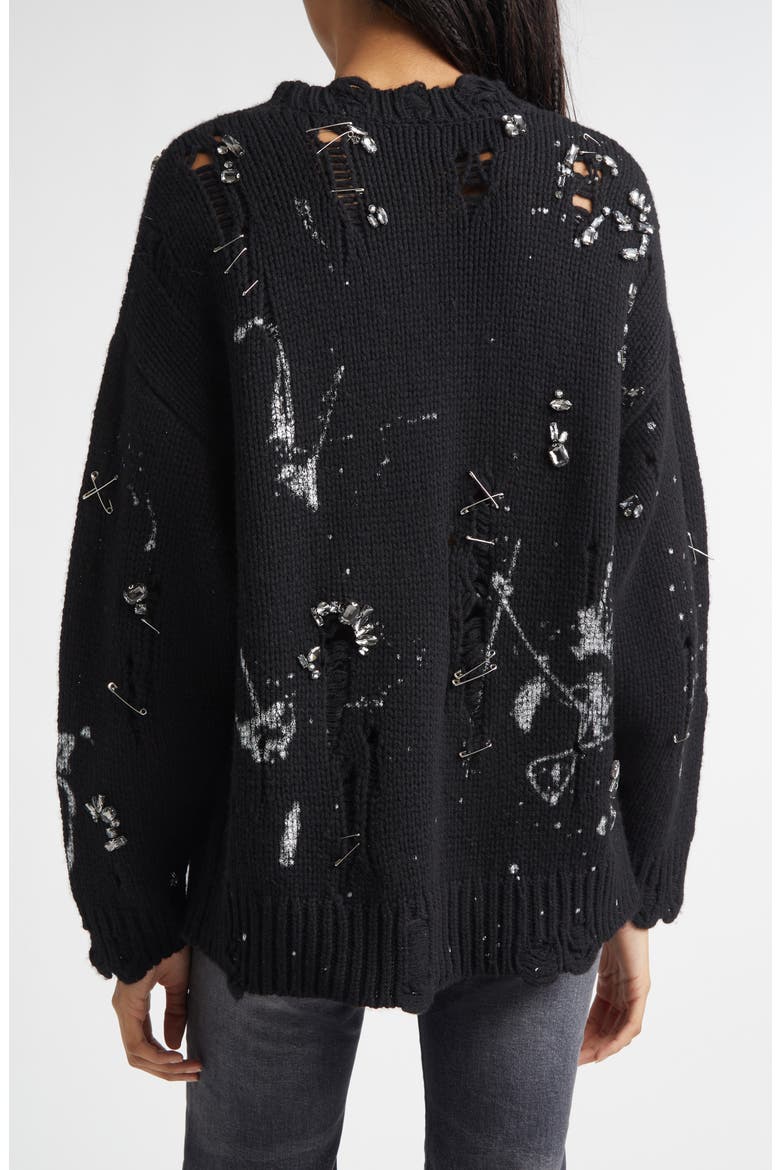 Oversize Safety Pin Embellished Merino Wool Sweater, Alternate, color, BLACK WITH CRYSTALS AND PINS