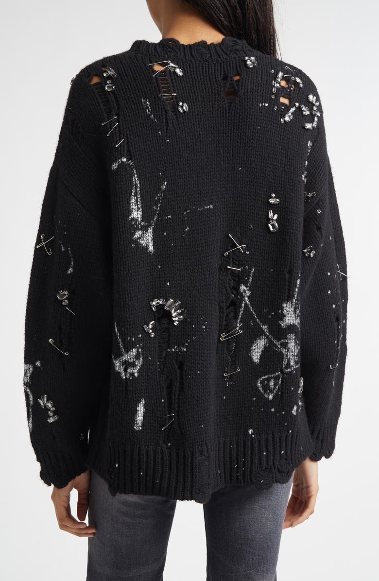 R13 Oversize Safety Pin Embellished Merino Wool Sweater, Alternate, color, Black With Crystals And Pins