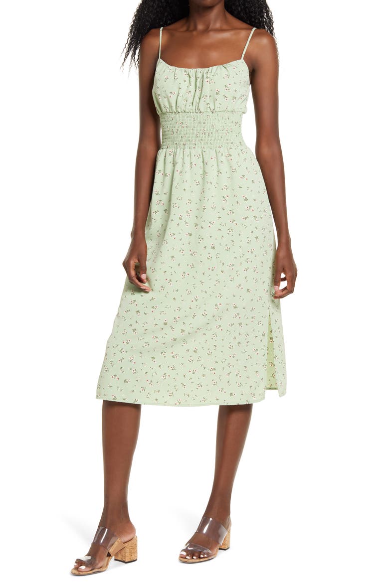 Sandy Smocked Waist Sundress, Main, color, GREEN DUNE DITSY DAISY