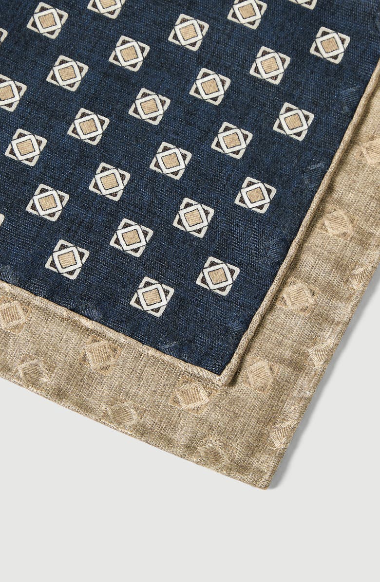 Brunello Cucinelli Silk geometric pattern pocket square, Alternate, color, Navy Blue