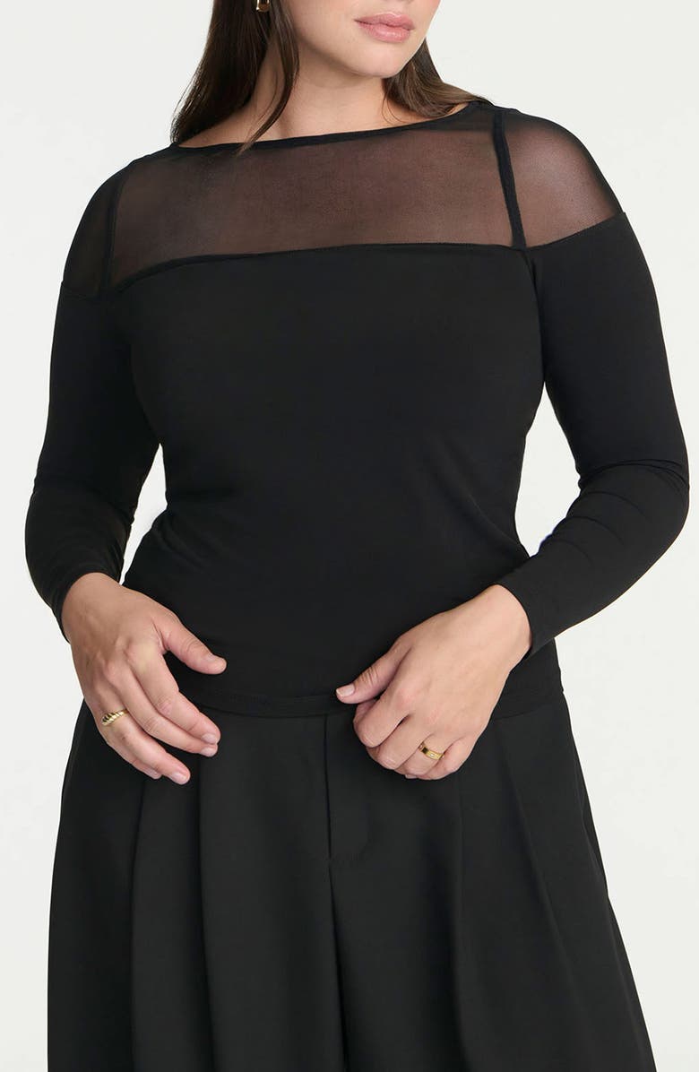 ELOQUII Ribbed Mesh Panel Long Sleeve Top, Alternate, color, 