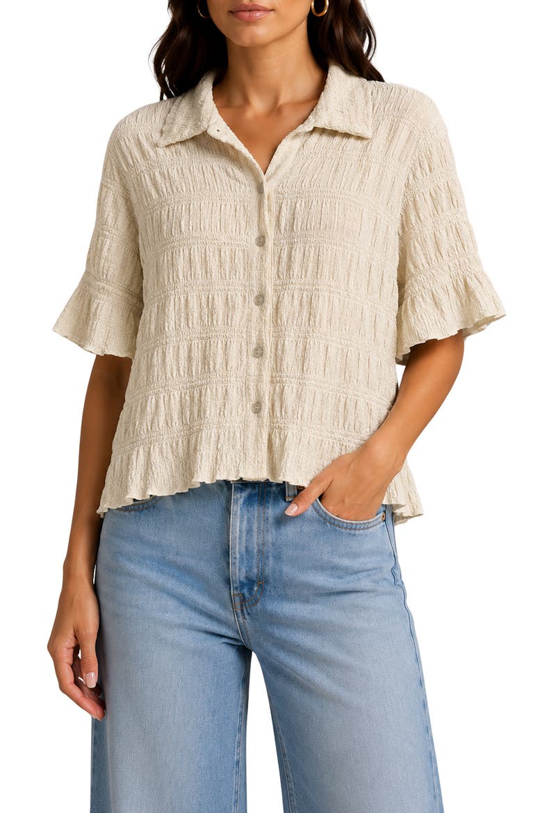 Crinkled Knit Short Sleeve Button-Up Top, Main, color, ECRU