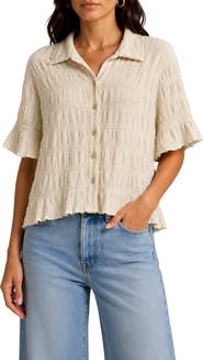 Nanette Lepore Crinkled Knit Short Sleeve Button-Up Top