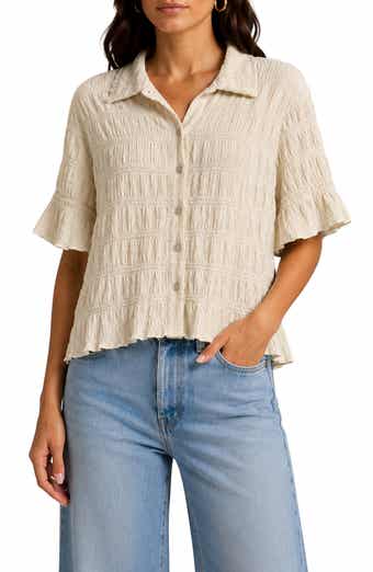 Crinkled Knit Short Sleeve Button-Up Top