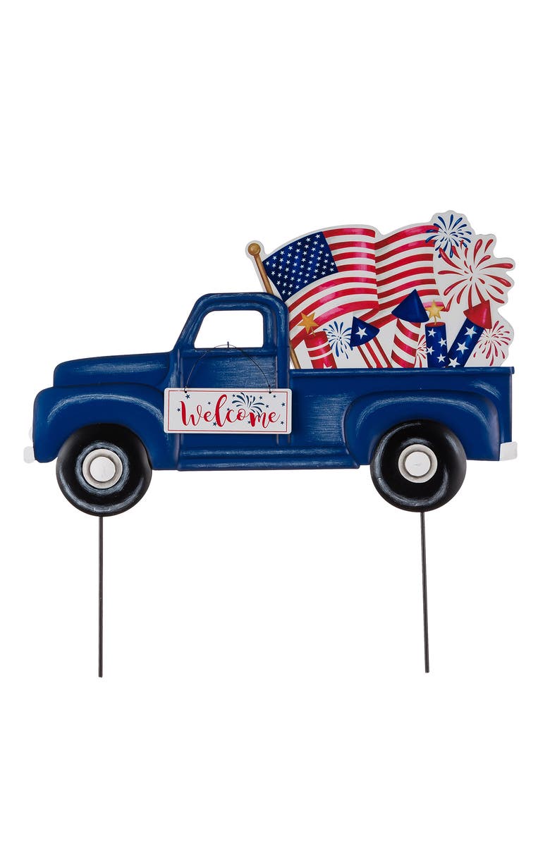 Glitzhome Metal Patriotic Americana Truck Yard Stake or Wall Decor, Main, color, Blue