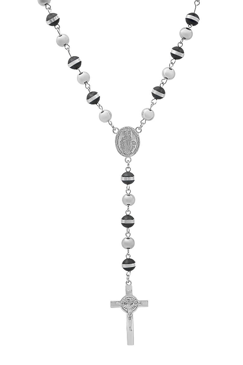 Mixed Material Rosary Necklace, Alternate, color, SILVER/ BLACK