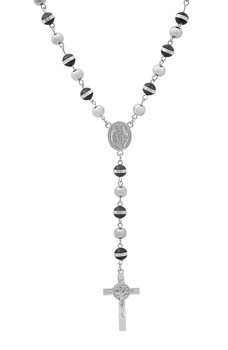 HMY JEWELRY Mixed Material Rosary Necklace, Alternate, color, Silver/ Black