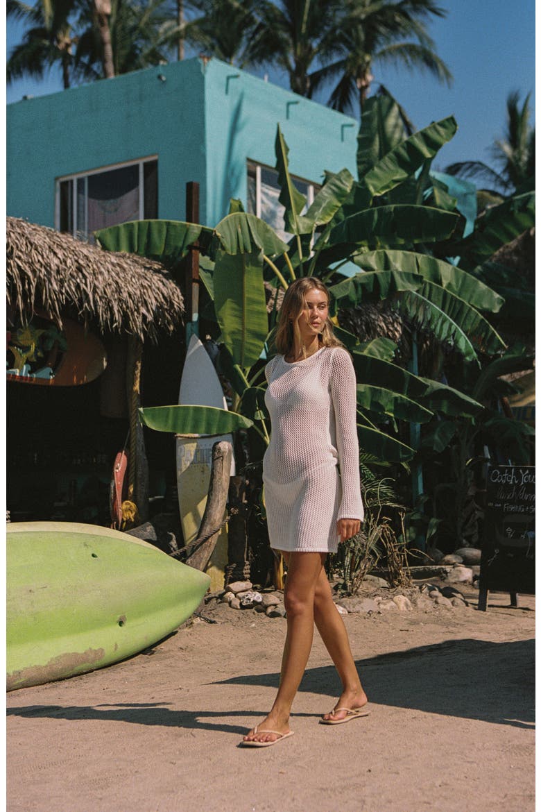Cleo Open Stitch Long Sleeve Cover-Up Minidress, Alternate, color, CREAM