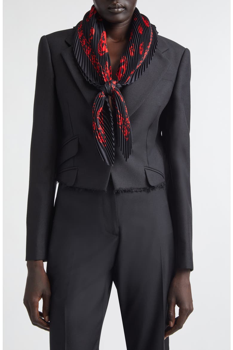 Classic Skull Print Pleated Silk Square Scarf, Alternate, color, BLACK/ RED