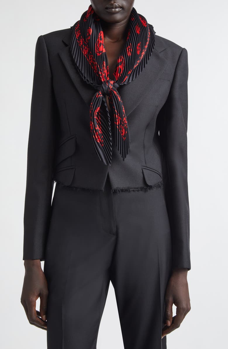 McQueen Classic Skull Print Pleated Silk Square Scarf, Alternate, color, Black/ Red