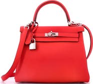 Pre-Owned Hermes Kelly Handbag Red Togo with Palladium Hardware 25