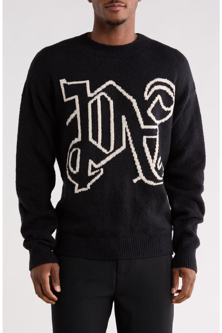 Logo Monogram Intarsia Knit Sweater, Main, color, BLACK WHITE