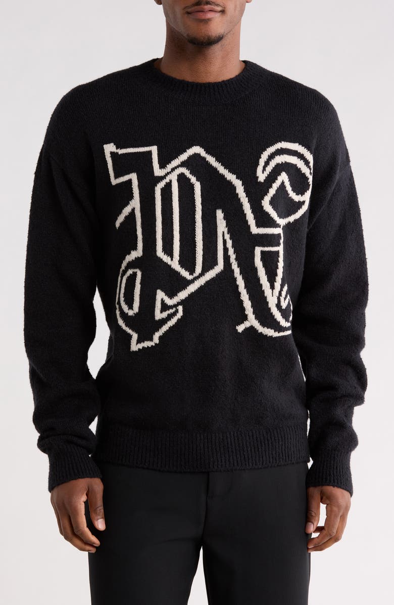 Palm Angels Logo Monogram Intarsia Knit Sweater, Main, color, Black White