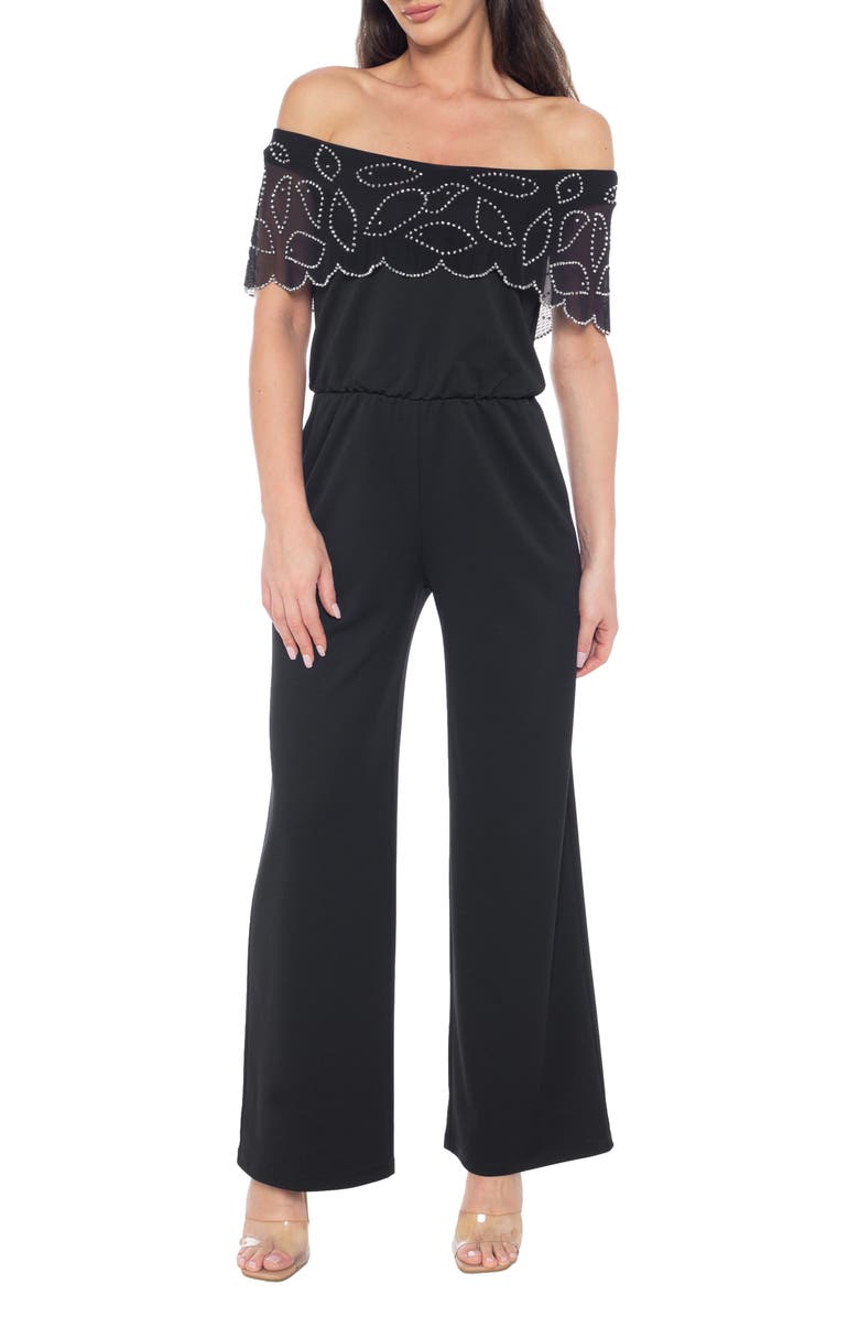 Marina Scalloped Off the Shoulder Jumpsuit, Main, color, Black
