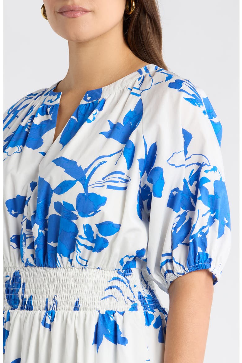 Aby Floral Hacienda Puff Sleeve Midi Dress, Alternate, color, WHITE-COBALT-MULTI