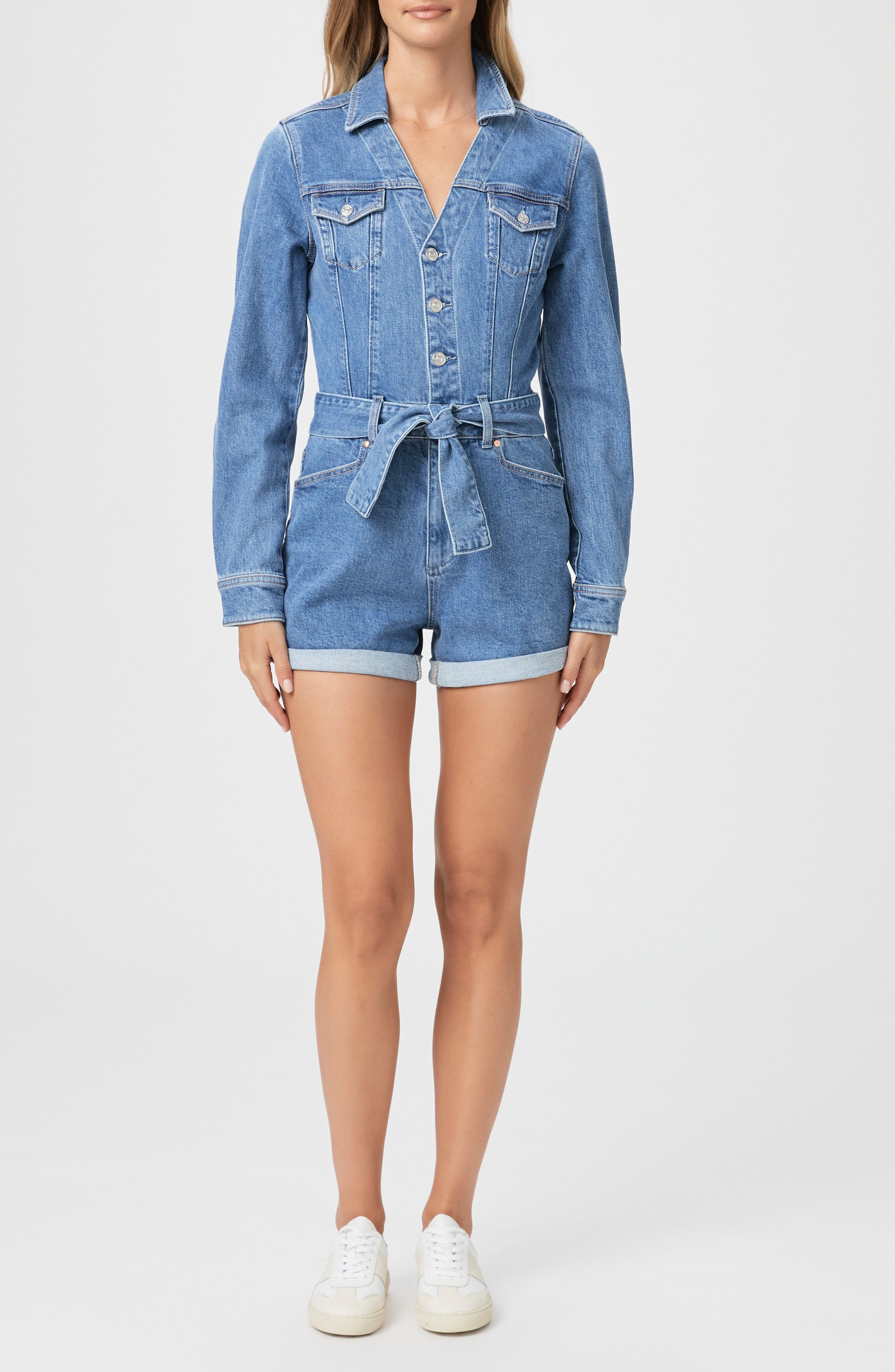 PAIGE Maggy Tie Waist Long Sleeve Denim Romper