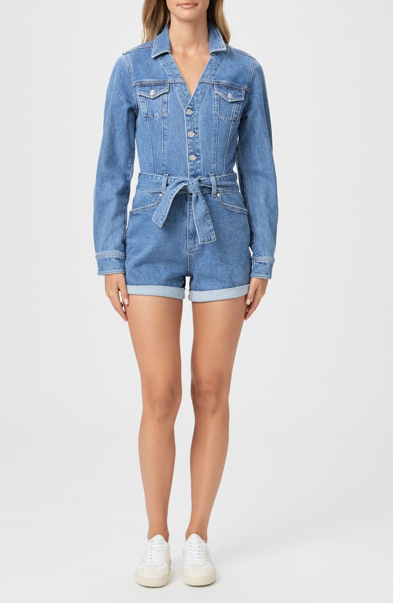 PAIGE Maggy Tie Waist Long Sleeve Denim Romper, Main, color, Tracey