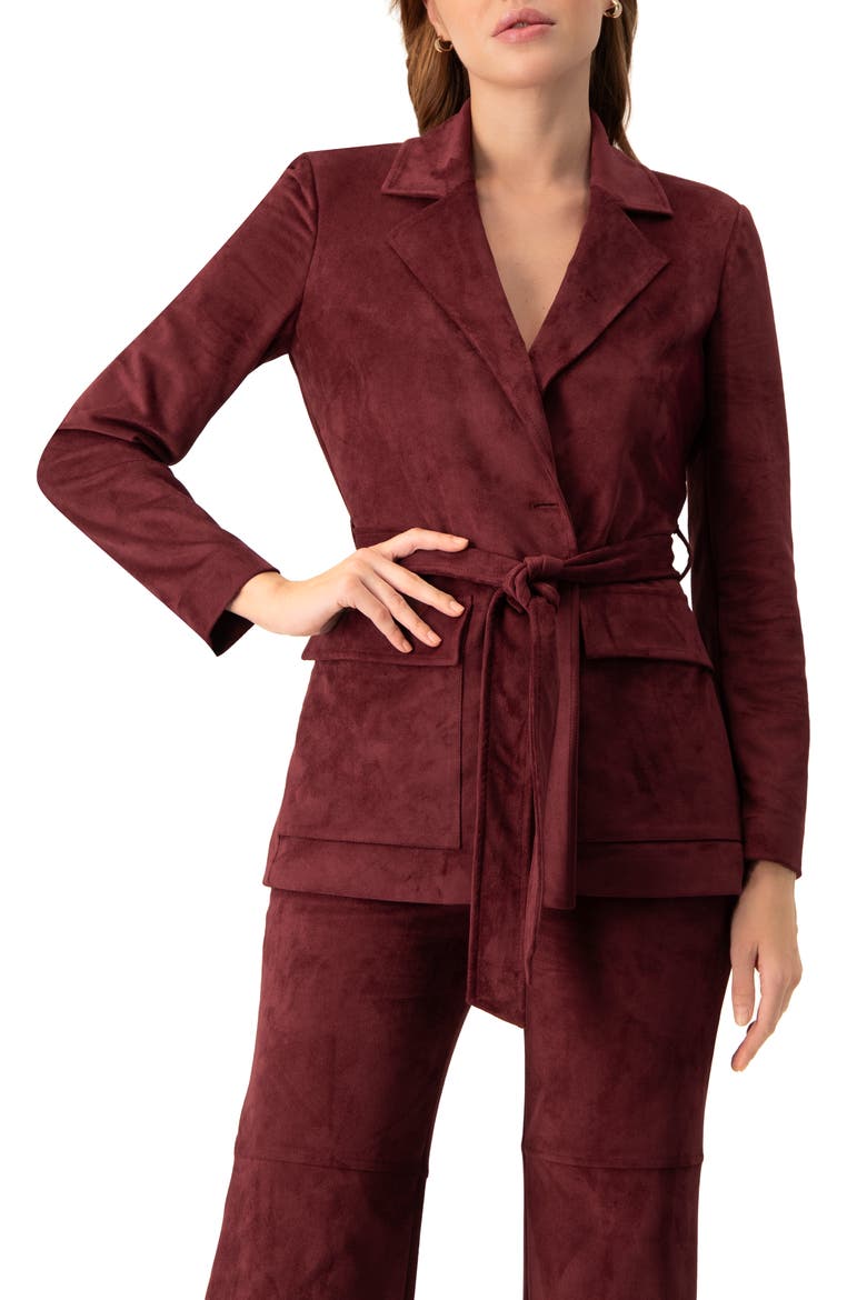 Faux-Suede Blazer with Waist Tie, Main, color, Wine